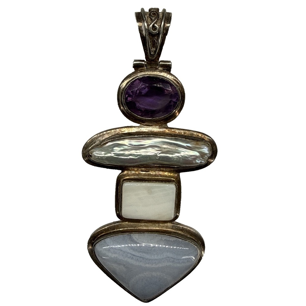Sterling Silver Pendant Multi Stone Amethyst Mother Of Pearl Blue Agate 40g